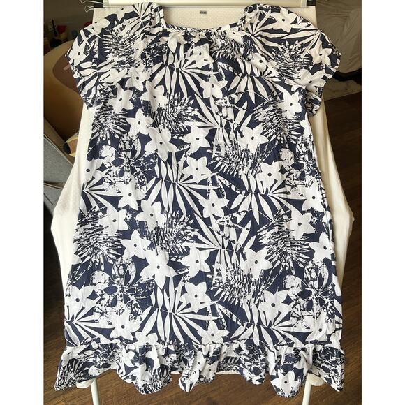 CW Classics Women Midi Dress L Navy Floral Shift Ruffle Short Sleeve - Picture 9 of 9